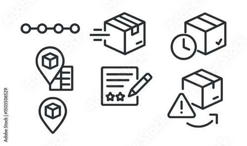 Line style icons of online marketplace: delivery status bar, package in transit icon, estimated delivery time, package arrived icon, pickup from locker badge, delivery feedback form, shipment delay