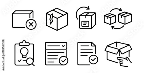 Line style icons of delivery support: wrong item icon, damaged box badge, return shipment label, item exchange request, faulty product report, return reason dropdown, quality issue form, repackage