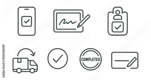 Line style icons of logistics app UI: delivery confirmation screen, signature pad icon, delivery photo proof button, name confirm badge, successful drop-off message, end-of-delivery tick, completion
