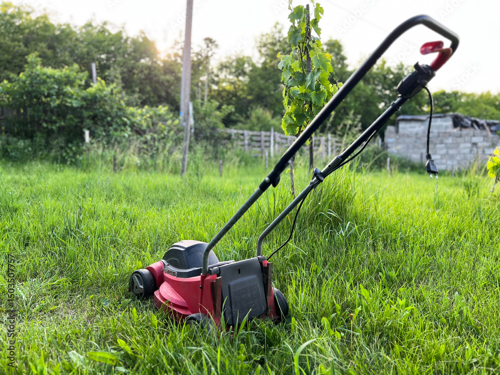 Red electric lawn mower cutting green grass in garden at sunset Red electric lawn mower cutting green grass in garden at sunset