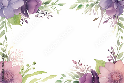 Fototapeta Naklejka Na Ścianę i Meble -  Green and purple watercolor flowers frame