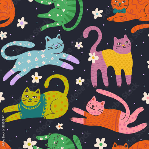 Whimsical Cat Cute Pet Seamless Pattern Background Vector Flat Quirky Dreamy Animal Daisy Flower
