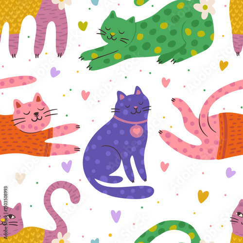 Whimsical Cat Cute Pet Seamless Pattern Love Heart Background Magic Vector Flat Quirky Dreamy Animal