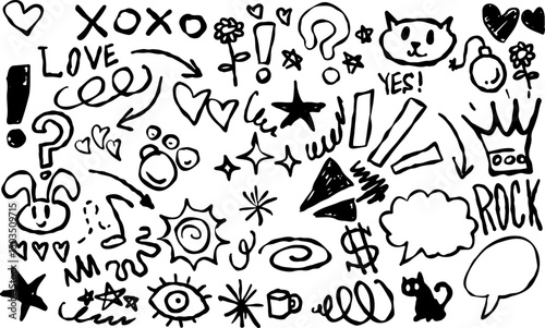 Doodle sketch with symbols of love, fun, and music. Hand drawn elements include hearts, stars, arrows, and swirls.