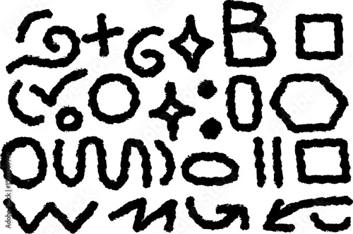 Abstract black symbols with rough hand-drawn edges on a white background. Geometric and organic shapes create a unique artistic composition, perfect for design, backgrounds, and creative projects.