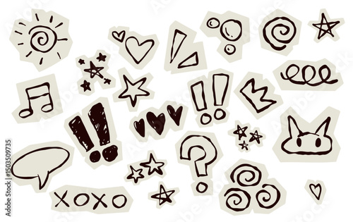 Scrapbook doodle set. Collection of sketch handdrawn scribble heart, star, mark, sign for journal. Chalk or ink craft paper cutout for scrapbook dairy