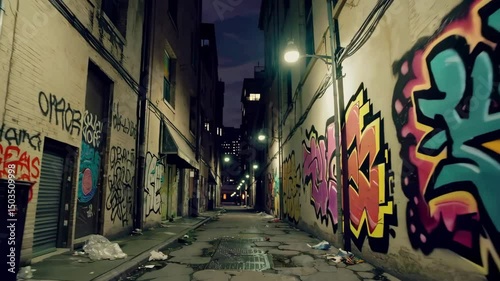 Vibrant graffiti alleyway at night with urban street art and moody lighting