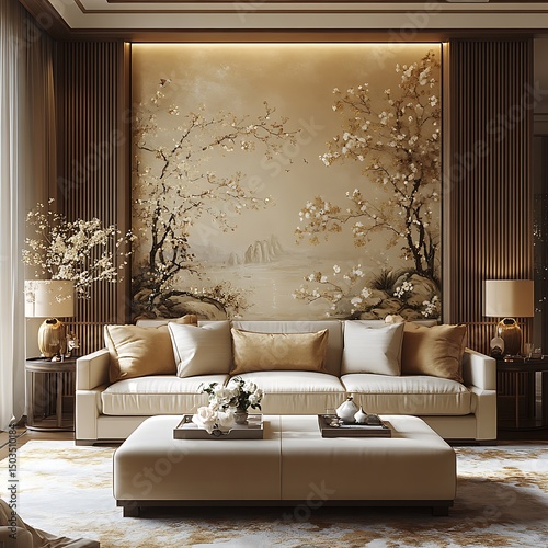 Luxurious living room interior design featuring elegant sofa and landscape artwork high resolution image.