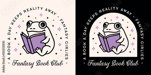 Fantasy book club lovers dark romance funny quotes sayings girl badge sticker shirt design. Cute animal frog reading illustration drawing girly retro magic witchy purple black aesthetic poster print.
