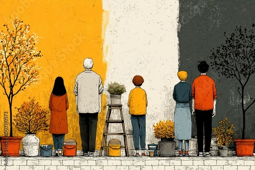 Group of individuals painting a colorful mural community art project teamwork creative expre