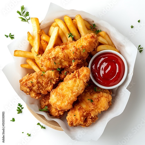 Crispy chicken tenders with french fries and ketchup dip delicious fast food meal on bright surface