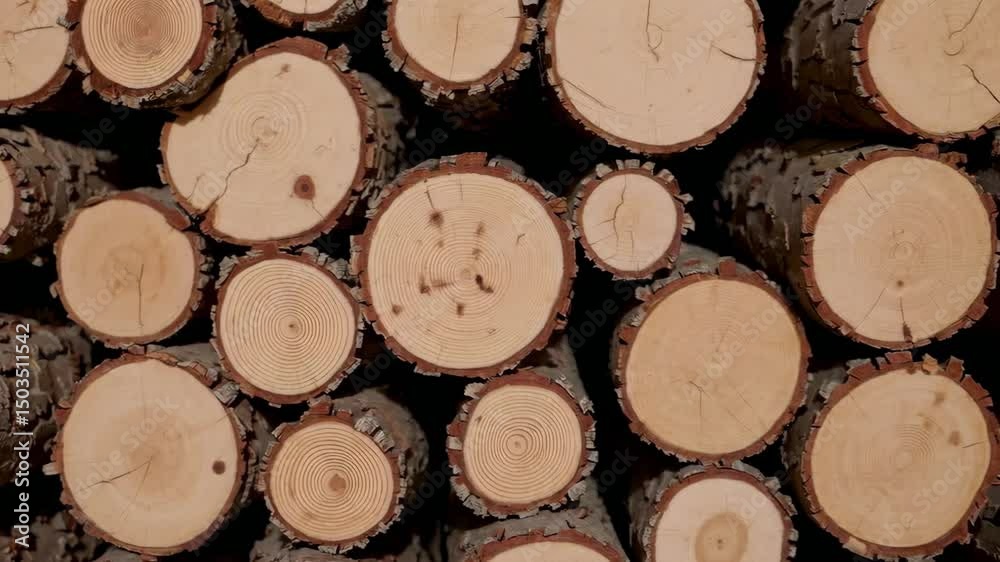 Rotating view of stacked timber logs highlighting natural wood patterns