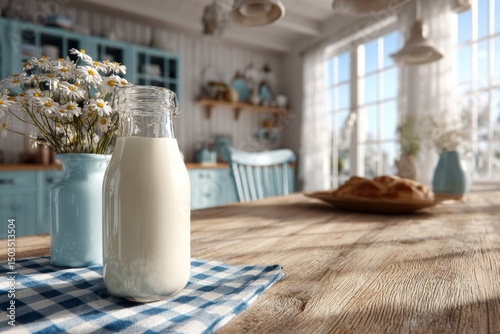 Milk Bottle and Daisies on Rustic Kitchen Table