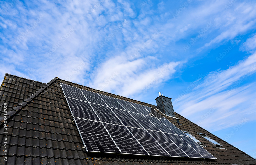 Fototapeta premium Photovoltaic panels providing clean energy on rooftop against blue sky