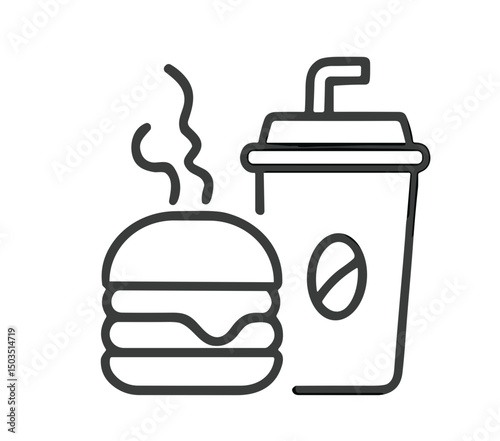 Fast food hamburger and soft drink with straw in minimalist style  