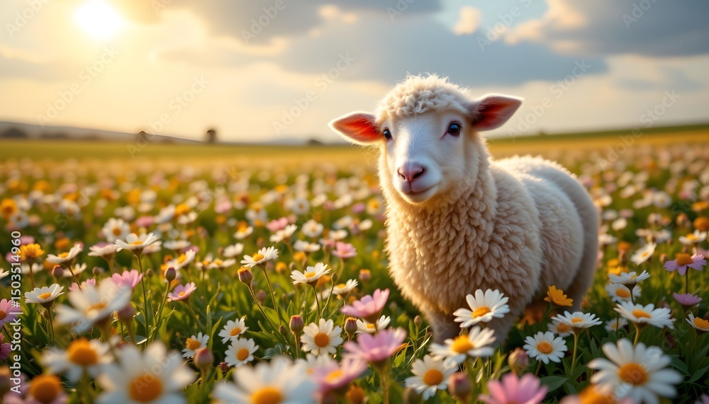 Fototapeta premium a single, ludicrously fluffy sheep, impossibly cute, bobs amongst a sprawling field of vibrant daisies, overhead, a serene, ethereal sky washes in gentle hues