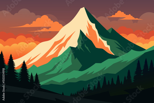 Mountain landscape at sunrise or sunset with clouds, fog, and snow-capped peaks