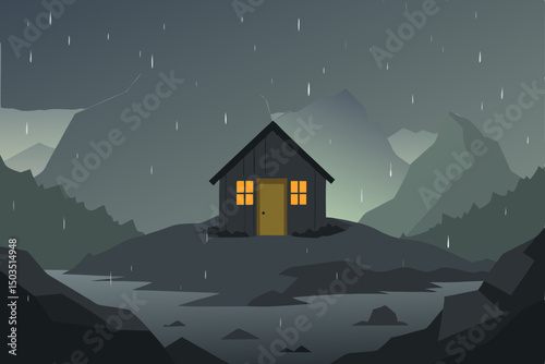Night winter landscape illustration with a cozy house on a snowy mountain, illuminated by the moon and stars, amidst dark trees