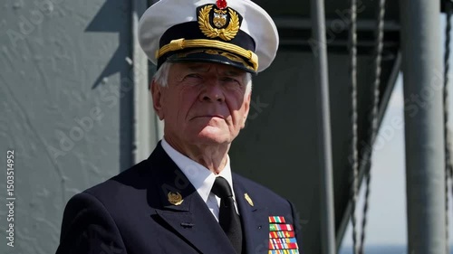 Naval officer in uniform observing ship maneuvers on sunny day