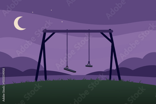 Vector illustration of a swing on the beach at sunset, a whimsical playground equipment icon against the night sky