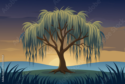 Lonely palm tree on a beach at sunset, a solitary silhouette against the orange sky and ocean horizon