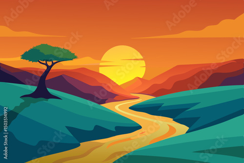 Vibrant cartoon landscape with green hills and mountains at sunset, a tranquil meadow reflecting the summer sky and golden sun
