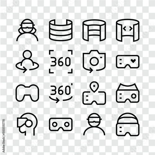 Virtual reality icon set. Containing VR, augmented reality, headset, immersive, mixed reality, AR, 360 degree and more. outline vector icons. eps 10