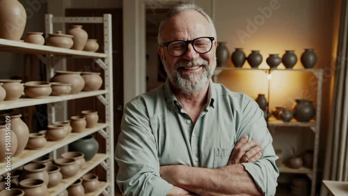 Smiling artisan surrounded by pottery in workshop highlighting craftsmanship and creativity