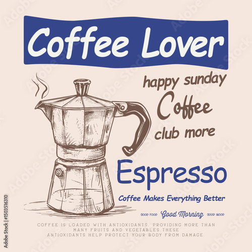 coffee lover t shirt design, Retro groovy with coffee mascot. cappuccino, cocoa, latte, espresso and americano.Coffee Club print design. Minimalist hand-drawn poster for Coffee Club, food fashion