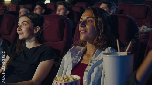 Enthralled audience watching movie in packed theater with captivating reactions