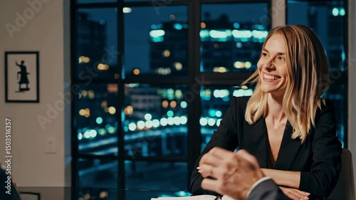 Businesswoman engaging in lively night meeting with city skyline in background