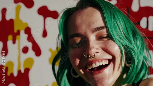 Vibrant joyful portrait of smiling woman with green hair against artistic backdrop