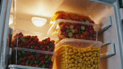 Colorful fresh produce stored in open fridge capturing organization and convenience in home kitchen