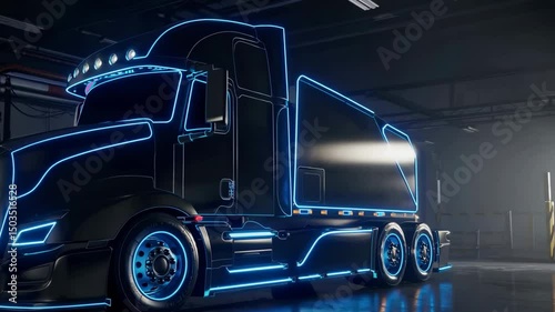 Futuristic semi truck with neon lights in motion inside a modern warehouse