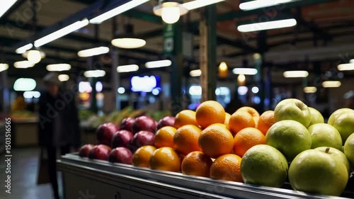 Fresh fruit display in bustling marketplace aisle with vibrant lighting and background movement