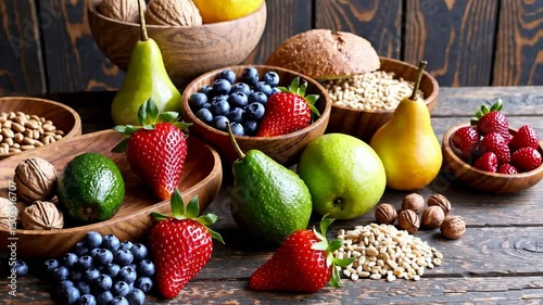 Fresh fruit burst with strawberries, blueberries, and nuts on rustic wooden table