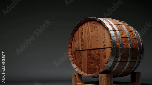 Rotating wooden barrel in minimalist studio lighting captures rustic charm
