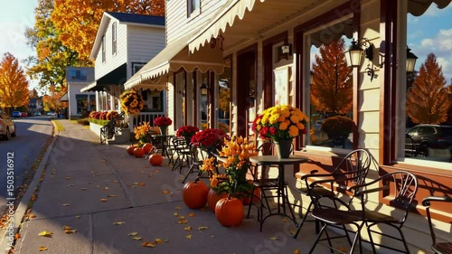 Charming autumn street with colorful foliage, cozy cafés, and festive pumpkins in picturesque town