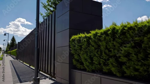 Modern urban pathway with sleek architecture and lush greenery on a sunny day