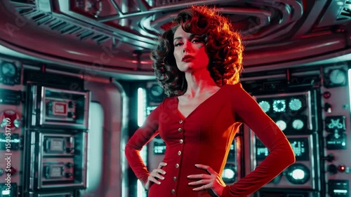 Confident woman in red amidst futuristic control room ambiance