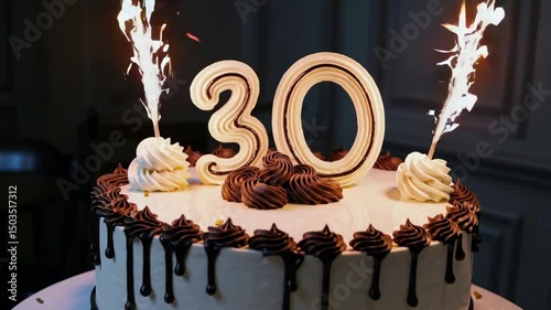 Celebratory sparklers ignite on 30th birthday cake with decorating icing and chocolate drip