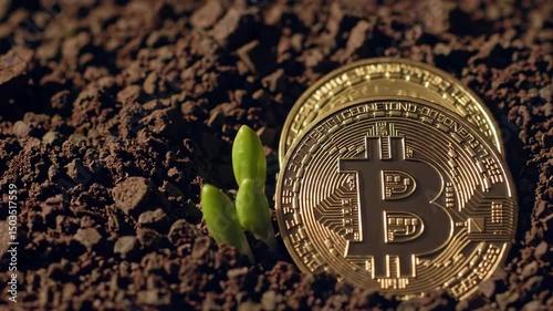 Bitcoin emergence: cryptocurrency growing from soil with timelapse sequence