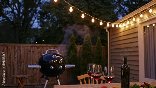Evening backyard bbq with string lights and grilled food