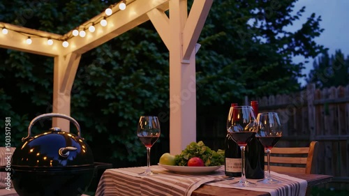 Evening backyard dining under festive lights with grill and wine setup
