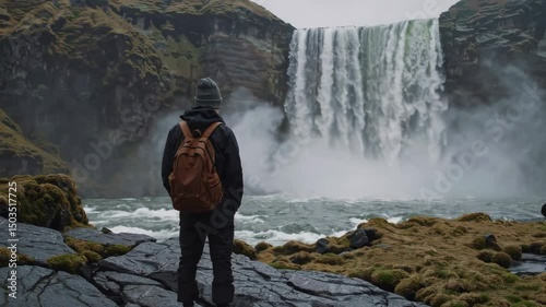 Aweinspiring journey: hiker confronts majestic waterfall in breathtaking natural landscape