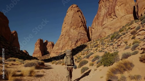 Adventurer hikes through majestic desert canyon amidst towering rock formations under clear blue sky