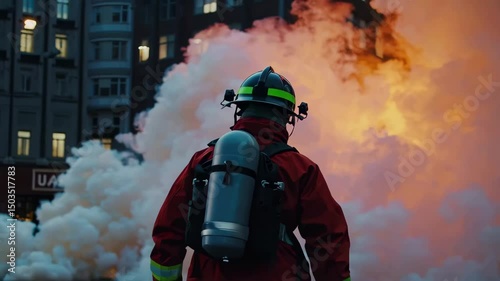 Brave firefighter tackles urban blaze at dusk with steadfast determination