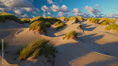 Serene coastal sand dunes under vibrant blue sky with clouds at sunset