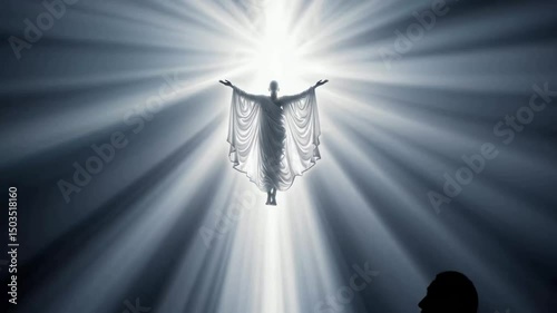 Ascending figure radiates divine light with glowing aura in dramatic sequence