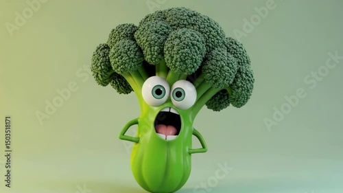 Animated broccoli expresses surprise with vivid emotions in stop motion animation sequence